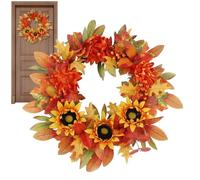 Corona autunnale per porta | Ghirlanda di raccolta - Decorazione artificiale con foglie d'acero bacche arancioni rosse e girasoli - per Halloween del Ringraziamento