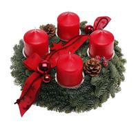 Corona Dell'Avvento Ø 30cm Frische Abete 4 Candele Nastro Fiocco E Stelle Rosso