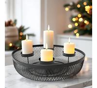 Corona dell'Avvento in metallo, colore nero, per 4 candele con cestello a griglia per decorazione, 34 cm, portacandele con 4 piatti di candela e cesto decorativo, ghirlanda di Natale, portacandele con