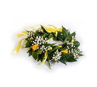 Corona di alloro per laurea con roselline gialle stabilizzate - corona di laurea tradizionale in alloro fresco decorata con roselline stabilizzate, fatta a mano in Italia