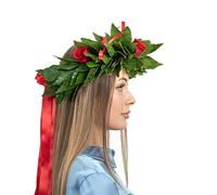 Corona di alloro per laurea con roselline rosse stabilizzate e fiocchetti - corona tradizionale in alloro fresco decorata con roselline stabilizzate, fatta a mano in Italia, regalo proclamazione