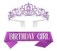Corona di compleanno per compleanno, per compleanno, per donne, ragazze, compleanno, regina, fascia, strass, set per tutti i buoni compleanni, feste, decorazioni, viola