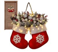 Corona di guanti a LED - centrotavola decorativo di Natale, ornamento in pino d'inverno, finto verde fatto a mano, incantevole accento porta con luce calda | Decorazione per le vacanze