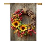 Corona floreale autunnale, bandiera da giardino, girasoli gialli, bacche rosse, bandiere per decorazioni esterne, bandiera da cortile double face in iuta, decorazione per raccolto autunnale, 71 x