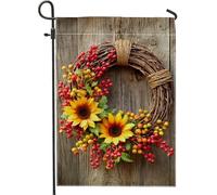 Corona floreale autunnale, bandiera da giardino, girasoli gialli, bacche rosse, banner per decorazioni esterne, bandiera da cortile double face in iuta, decorazione per raccolto autunnale 30,5 x