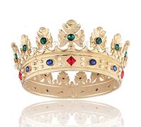 Corona reale barocca da uomo in metallo con corona di capelli da principe a cerchio completo, accessori per capelli per feste di compleanno Cosplay Prom Pageant (oro con pietra verde)