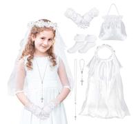 Coroncina Comunione Bambina, Velo da Prima Comunione Corona di Fiore con Velo per Ragazza Collana Rosario Cattolico Bracciale Borsa Guanti Bianchi con Fiocco Calzini Regalo Comunione Bambina