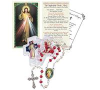 Coroncina della Divina Misericordia - Biglietto di preghiera, rosario della Divina Misericordia con centrotavola, perline rosse e bianche, crocifisso con croce di Gesù Cristo, custodia, biglietto di
