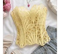 Corpetto aderente con scollo a spalle scoperte in pizzo a doppio strato, stile europeo e americano, top ricamato traforato, abito da club notturno bianco alla moda per donne, per uscire, abito da invi