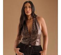 Corpetto corto con scollo ad aletta per donne taglia forte, in pelle vintage lavata e consumata, con texture, stile hollowed, adatto per feste sexy, shopping e abbigliamento per il ritorno a scuola 0X