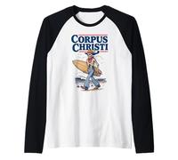 Corpus Christi Surf Retro Skeleton Cowboy Surfing Texas Maglia con Maniche Raglan