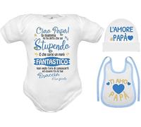 corredino neonato body cotone cappello bavetta frase in azzurro maschio per futuro papà stupendo e fantastico, regalo nascita sarai papà sto arrivando 3 mesi