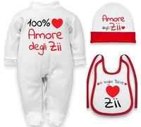 Corredino Neonato body per neonati cotone frase 100% amore degli zii a maniche corte o in caldo cotone manica lunga set con bavetta cappello e tutina (Set Zii tutina cappello bavetta, 3-6 mesi)