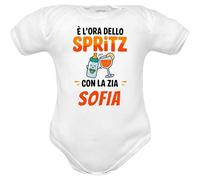 Corredino Neonato Body Personalizzabile con nome Zia frase divertente 'È l'Ora dello Spritz con la Zia', Cotone, Bianco, taglie dalla nascita 0 mesi alla 2 anni