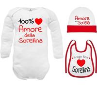 Corredino Neonato Regalo per Neonati Set 100% Amore della sorellina con Body in Caldo Cotone, Cappello e Bavetta