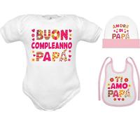 Corredino Neonato Set Neonata idea regalo body buon compleanno papà - Body per neonati, Cappellino e Bavetta neonata. Abbigliamento per neonata con Frase body buon compleanno papà taglia 9-12 mesi