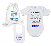 Corredino set nascita 3 pezzi sacca body bavaglino stampa coordinata personalizzata con nome idea regalo neo mamma papà (3 mesi)