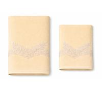 Corredocasa Coppia Asciugamani in Puro Lino Ricamati a Mano - Set Asciugamano e Ospite Elegante Stile Vintage, Artigianato Italiano, Disponibili in 3 Colori per Bagno Raffinato (Biscotto)