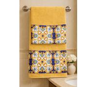 Corredocasa Coppia Asciugamani in Spugna Pregiata, Made in Italy - Set 1+1 Viso e Ospite Morbidi, Assorbenti e Resistenti Asciugamano Mani e Corpo in Fantasie Maiolica - 110x55cm e 40x60cm (Oro)