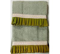 Corredocasa Coppia di Asciugamani da Bagno Tinta Unita E Fantasia Fiori in Spugna di Cotone 1+1 Modello Carlotta con Bordo Plissettato Manifattura Italiana (Verde)