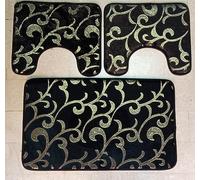 Corredocasa Tappeto Bagno set 3 Pezzi o Tappeto bagno Singolo 50X80 Antiscivolo Poliestere con Particolari Disegni e Fantasie (Nero/Gold)