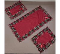 Corredocasa Tris Centrini Articolo Tartan in Cotone - Set 3 Pezzi con 1 Centro 40x80 cm e 2 Centrini 30x40 cm - Elegante Disegno Scozzese Disponibile nel Colore Rosso, Made in Italy