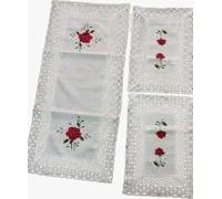 Corredocasa Tris Centrini Natalizi - Set Centrotavola Natale in Misto Lino Ricamato Elegante Runner 40x90 + 2 Centrini di Natale 35x45 con Balza in Macramè - Decorazione Cucina Centri Tavola(Bianco)