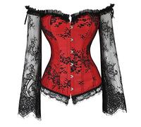 Corsage - Corsetto da donna con perizoma, 2 pezzi: corsetto da donna, a maniche lunghe, senza spalline, con lacci, bustino, per Halloween, corpetto intero, Colore: rosso, L