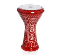 Corsaro Music Darbuka Doumbek turco in alluminio pressofuso, rosso con motivo decorativo, testa da 21 cm, capicorda per accordatura, testa rimovibile, custodia per il trasporto e chiave di regolazione