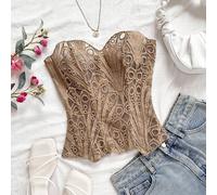 Corsetto aderente a due strati sexy e d'avanguardia da giovani europei e americani per le vacanze, shapewear ricamato traforato color cachi L,M,S,XL,XS,XXL,XXSPiante,Tradizione popolareTessuto in magl