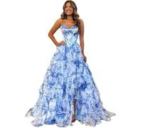 Corsetto floreale a strati abiti da ballo da donna, senza spalline, lungo increspato, abito da sera formale con spacco lungo abito da sera, Blu, L