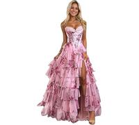 Corsetto floreale a strati abiti da ballo da donna, senza spalline, lungo increspato, abito da sera formale con spacco lungo abito da sera, rosa, M