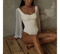 Corsetto Sexy con Scollo Quadrato Top A Maniche Lunghe Slim Sheer Mesh Puff Lantern Sleeve Body Shirt Abiti Autunnali per Donna Playsuit,Bianco,M