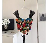 Corsetto Top Donna Jacquard Floreale Rosso Dettagli In Pizzo Elegante CF64011