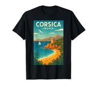 Corsica, Francia, paesaggio costiero, stampa artistica, stile vintage Maglietta