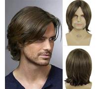 Corto Dritto Capelli Sintetici Uomo Marrone Mix Biondo Parrucca Lato Parte Botti