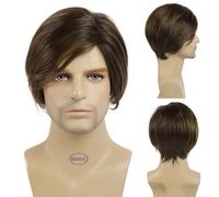 Corto Dritto Capelli Sintetici Uomo Marrone Mix Biondo Parrucca Lato Parte Botti