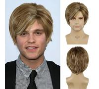 Corto Dritto Capelli Sintetici Uomo Marrone Mix Biondo Parrucca Lato Parte Botti