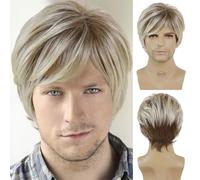 Corto Dritto Capelli Sintetici Uomo Marrone Mix Biondo Parrucca Lato Parte Botti