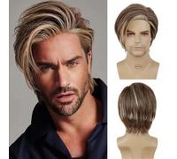 Corto Dritto Capelli Sintetici Uomo Marrone Mix Biondo Parrucca Lato Parte Botti