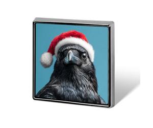 Corvo che indossa cappello di Babbo Natale su blu spille e spille unisex quadrato leggero bavero distintivo gioielli per abbigliamento scialle cappello