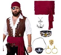 COSBERY Accessori pirata donna uomo, costume carnevale uomo Donna, costume pirata Kit con Sciarpa, Orecchini, Benda, Bandana, Corsetto Donnas, Collana Oro per Halloween, Carnevale, Mascherata