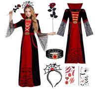 COSBERY Costume da vampiro per bambine, costume di Halloween per ragazze, set gotico da vampiro, con vestito da vampiro, collana, fascia per capelli, rosa finta e tatuaggio cicatrici, costume per