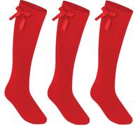 COSHAL® 3 paia di calzini alti al ginocchio per ragazze, in cotone, con fiocchi soffici, per il rientro a scuola, uniformi, feste, confezione multipla (confezione da 3), Rosso, 11-16 Years