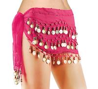 COSICS Sciarpa per danza del ventre, da donna, in chiffon, con 128 monete, per lezioni di yoga, Rosso rosato, L