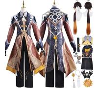 Cosimfy Anime Genshin Impact Zhongli Cosplay Costume Vestito Giochi Ruolo Kinich Ifa Cosplay Uniformi Set Halloween Festa Carnevale Dress Up Suit con Parrucca Mantello Giacca per Uomini (XS)