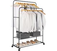 COSLD Appendiabiti con ruote, appendiabiti multifunzione per camera da letto, appendiabiti in metallo, appendiabiti con ripiani portaoggetti, doppia asta e doppio piano