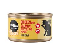Cosma Bowl 24 x 80 g Alimento umido per gatto - Petto di Pollo con Salmone, Broccoli e Papaia