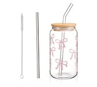 Cosmeria Aesthetic Trinkglas mit Strohhalm und Deckel, 16 oz Butterfly Bow Glass Cup with Lid, Straw, And Brush, Clean Girl Aesthetic Stuff for Women