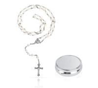 Cosmeria Rosario con croce, rosario fatto a mano, con perle da 6 mm, confezione regalo in argento, ideale per comunione e battesimo, bianco, L